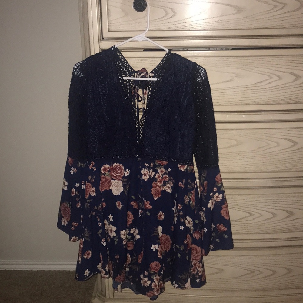 Blue/Floral romper w/ bell sleeves